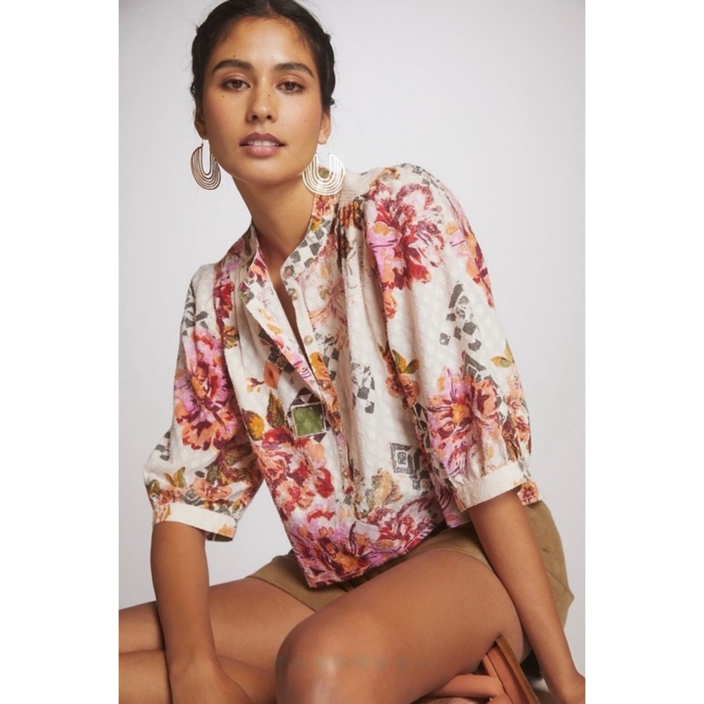 Anthropologie Pilcro Textured Floral Cropped Surf Blouse - Size Medium